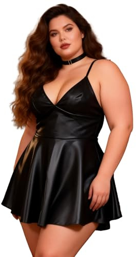Ohmydear Lederkleid Damen Sexy Kurz Babydoll Kleid Dessous | Große Größen, Unterwäsche Kunstleder, Curvy Wetlook Kleider, A-Linie Minikleid Partykleid, Reizwäsche für Mollige Frauen