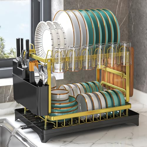 Escurridor de Platos Dorado, Multifuncional, para encimera de Cocina con escurridor, escurridor de Platos de 2 Niveles, Gran Capacidad para Cuchillos, Tazas, Tabla de Cortar
