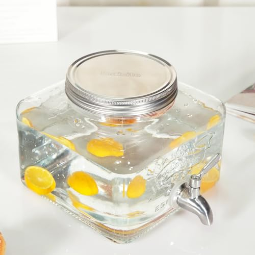 maisite 3.5 L Drinks Dispenser (Glass) with Tap (Stainless Steel) - Fridge Water Dispenser with Tap, Drink Dispenser Glass Refillable Ice Water Container with Lid for Cold Drinks