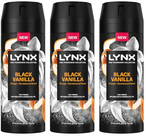 Lynx Fine Fragrance Collection 72 Hour Fresh, Odour and Sweat Protection Premium Deodorant Body Spray Infused with Essential Oil for Men 150 ml, 3 Pack (Black Vanilla)