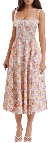 shownicer Robe Corset de Plage d'été, Robe Bustier Imprimée Robes Longues Fendues sans Manches à Bretelles Spaghetti pour Femmes D Rose M