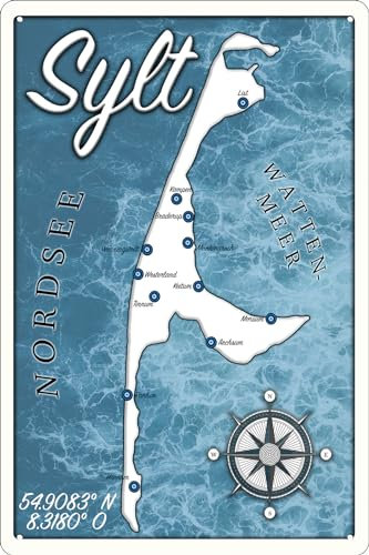 Wetterfestes 30 x 20 cm Blechschild – lustiger Spruch – Meer, Strand, Sonne, Urlaub Fans – Sylt Landkarte