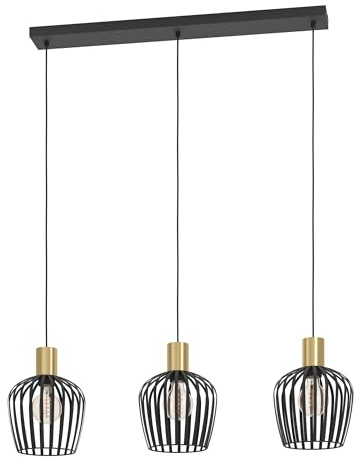 EGLO Hängelampe Empoli, 3-flammige Pendelleuchte über Esstisch | Esszimmerlampe Retro aus Metall in Schwarz und Messing, Hängeleuchte mit E27 Fassung
