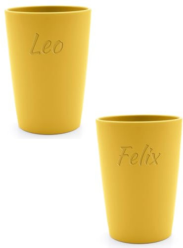 Magu 2 Personalisierte Becher aus Biopolymer (100% Erdölfrei) mit Namen | 2er Set Trinkbecher + Individuelle Namensgravur Zahnputzbecher Natur Design 2 Stück sonnengelb