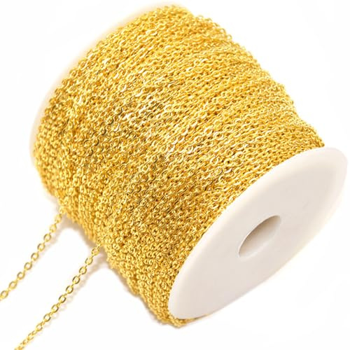 SMTCM 20m Gliederkette Gold Meterware 2 * 3mm O Kettenspule Metallkette Roll Eisen Kabelkette Bastelnkette Schmuckherstellung Link Kette Bulk Chain für DIY Halskette Ohrringe Armband Verlängerung