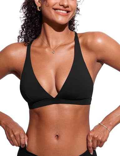 CRZ YOGA Deep V Neck Bikini Tops for Women - Padded Criss Cross Back Triangle Sexy Swim Bathing Suit Bra Black Medium