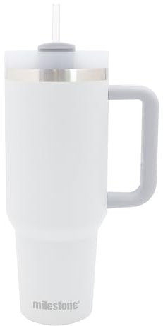 Milestone Travel Mug 40oz Tumbler with Straw, Handle & Lid/Large Capacity Insulated Stainless Steel Travel Cup for Cold or Hot Drinks (White)