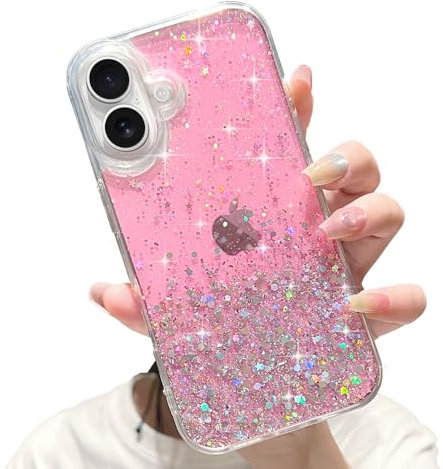 LCHULLE for iPhone 16 Case Girls Women Glitter Bling Clear Cover Cute Crystal Slim Fit Bumper Silicone Phone Case for iPhone 16 6.1 inch 2024,Pink