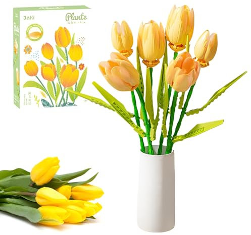 Fuleying Blumenstrauß Bausteine Bausatz, Tulpe Botanical Klemmbausteine, DIY künstliche Blumen für Home Office Dekoration, Geschenkidee für Erwachsene Ihre Frauen (Gelb)