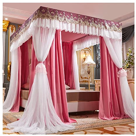 RDWQDGJG Bettvorhang Betthimmel im europäischen Stil für Einzel- und Doppelbetten, 150/180/200 cm, quadratische Bettvorhänge, Schlafzimmerdekor für Erwachsene und Jungen, Metallständer (Farbe: Pink-2