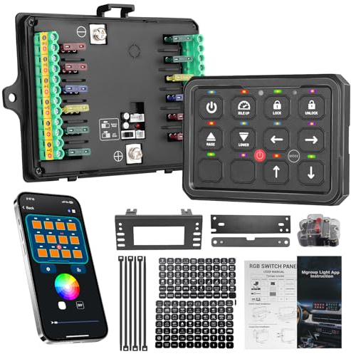 Chelhead RGB 12 Gang Panneau d'interrupteurs, commande Bluetooth, interrupteur universel à bascule, interrupteur à distance pulsé momentané 12 V, variateur automatique, étanche compatible avec camion