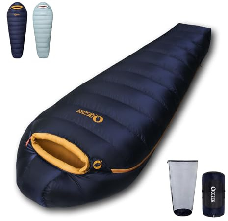 Saco de Dormir de Plumas QEZER para Adultos, 620 Fill Power, 0 Grados, Ultraligero, Saco de Dormir para Clima frío, con Bolsa, para mochileros, campamentos y Senderismo. (Azul Oscuro 1000g plumón)