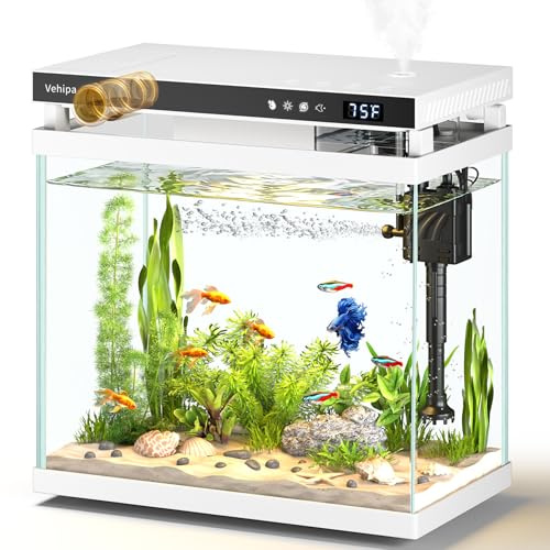 Vehipa 8L Aquarium, Klein Aquarium Komplettset mit 7-Farben LED-Beleuchtung, Automatischer Zuführer, intelligentem Luftbefeuchter, Temperaturanzeige, Leise Pumpe, Weiß