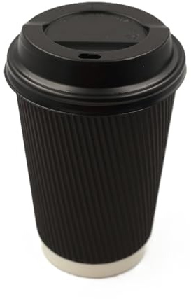 Sunrise Packaging 50 x 12oz Black Ripple Coffee Cups with LIDS 340ml | Eco-Friendly Insulated Hot Drinks Cups (12oz Black Cups with LIDS)