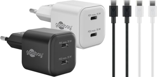 goobay Twin Power Set 2xUSB-C™ PD GaN Dual-Schnellladegerät Nano 35W, 2X USB-C™-Kabel/Netzteil mit 2 Anschlüssen, für Handy, Tablet, Kamera, Power Delivery, Reiseadapter, schwarz und weiß - 79645