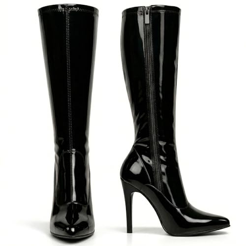 Women’s Knee High Stretch Stiletto Heel Boots Elegant Pointed Toe, Side Zip Sexy Bold Fashion Style Club & Party Wear (Black Patent, 5, UK Footwear Size System, Adult, Women, Numeric, Medium, 5)