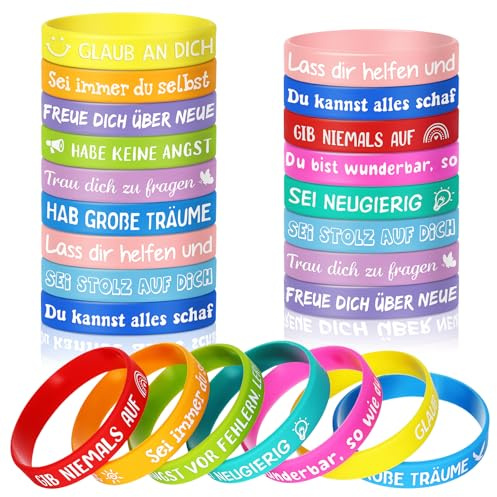 Huiguli 24 Stück Motivationsarmbänder Kinder, Armbänder Mitgebsel | Deutsch Silikonarmband mit Inspirierenden Sprüchen, Mitgebsel Kindergeburtstag, Geschenke für Grundschüler