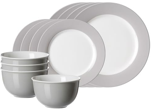Ritzenhoff & Breker Basic-Set Doppio, 12-teilig, Porzellangeschirr, Geschirrset aus Tellern und Schalen für 4 Personen, Grau