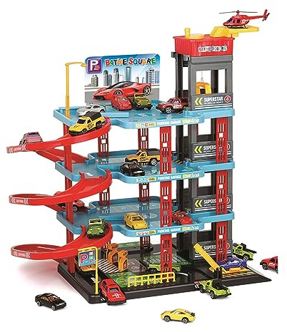 Parkgarage Kinder Spielzeug mit 4 Ebenen, Fahrstuhl & Tankstelle – Parkhaus Spielset inkl. 4 Metall Autos & Hubschrauber – Autogarage Parkhaus mit Helikopterlandeplatz für Jungen & Mädchen