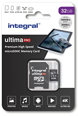Integral 32GB microSD Card Haute Vitesse Carte Mémoire Vidéo 4K – Jusqu'à 100MB/s en lecture et 30MB/s en écriture, UHS-I, U3, Classe 10, A1 app performance - smartphones, tablettes, drones