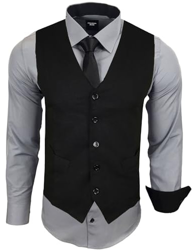 Subliminal Mode – Bügelfrei Weste + Hemd + Krawatte Herren Kragen zweifarbig Uni Langarm Slim Business Geschenkidee RN33