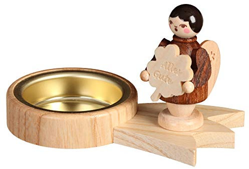 Volkskunstwerkstatt Unger Teelichthalter Sternschnuppe Engel - Echt Erzgebirge® (Kleeblatt - Alles Gute)