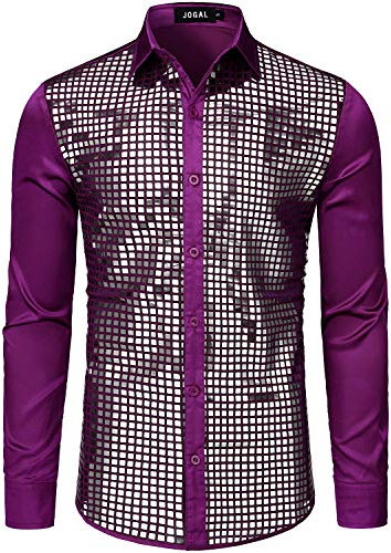 JOGAL - Camicia da uomo con paillettes a maniche lunghe, stile anni '70, Viola Selber, L