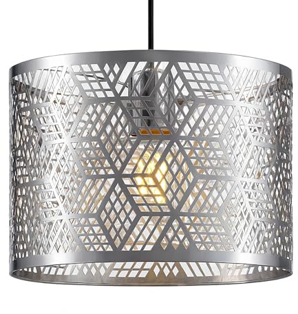 Innoteck Modern Cube-Pattern Chrome Metal Drum Lampshade – Decorative Cut-Out Design – for Ceiling Pendant & Floor Lamp – Fits E27 Holders with B22 Adaptor [Energy Class A++]