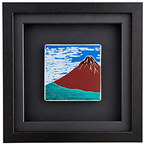 Japan Wandbild AKA-Fuji aus japanischem Porzellan in 3D-Holz-Bilderrahmen Schwarz Geschenk-Box für den Tisch und Wand 22,5 x 22,5 x 3,3 cm