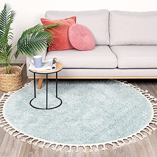 FRAAI | Home & Living Teppich Hochflor Rund - Lofty Fringe Hellblau Türkis - Einfarbig - Modern, Skandinavisch - Wohnzimmer, Esszimmer, Schlafzimmer - Fellteppich - Carpet