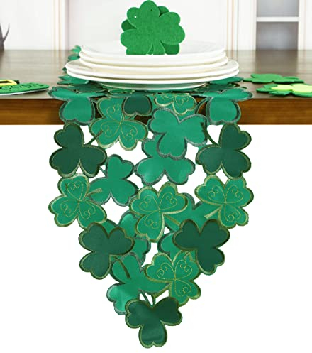 GRANDDECO Tischläufer St. Patrick's Day, Frühlings-Tischläufer, Applikation, bestickt, mit Kleeblatt-Design, Zuhause, Küche, Esszimmer, Tischdekoration, 33 x 210 cm, Grün (33 x 210 cm, Kleeblatt-1)