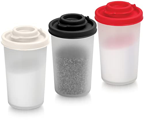 Shaker per sale e pepe, a prova di umidità, per campeggio picnic, all'aperto, cucina, pranzo, set di spezie da viaggio, trasparente con coperchio colorato, dispenser ermetico (grande, confezione da 3)