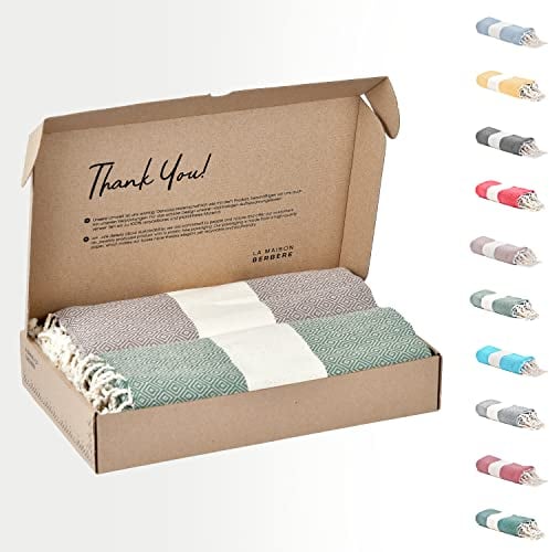 Tadussi ® Telo Mare – Grande Fouta – XXL Asciugamano da spiaggia - 100 x 200 cm - Set da 2 per Sauna, Hammam e Picnic per uomo e donna – 100% cotone - Verde Kaki e Tortora