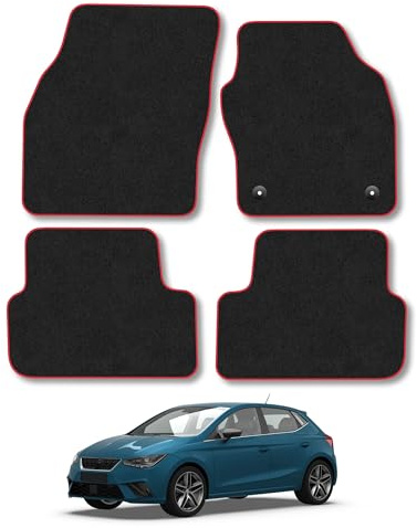 Seat Ibiza (2017+) Carpet Car Mats | Red Edge Trim Tailored Fit Floor Mats Full Coverage Protection Accessories Easy Clean Anti Slip Made in the UK