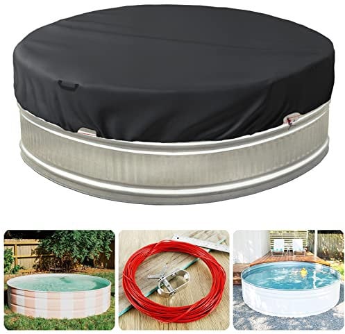 Bitubi 9-10 Ft Steel Round Stock Tank Pool Cover,Upgraded with Wire Rope & Winch Fixed Increase Stability(Black)