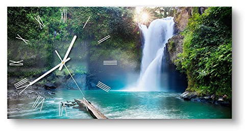 DEQORI Glasuhr | vertikal 60x30 cm | Motiv Tegenungan Wasserfall | große XXL Design Uhr aus Glas | leise Wanduhr für Wohnzimmer & Küche | moderne Hingucker Uhr für die Wand
