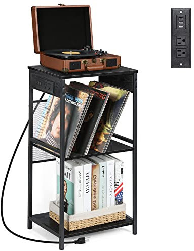 Supporto per giradischi da tavolo in vinile con stazione di ricarica Supporto per giradischi con archiviazione per album Supporto per lettore in vinile nero Comodino con porte USB e prese per
