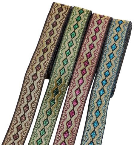 FINGERINSPIRE 14 m 4 Farben Jacquardband Borte Vintage Bestickte Polyesterbänder Mit Wellen Und Rautenmuster 20 mm Breites Geometrisch Gewebtes Band Nähband Für DIY Craft Home Decor