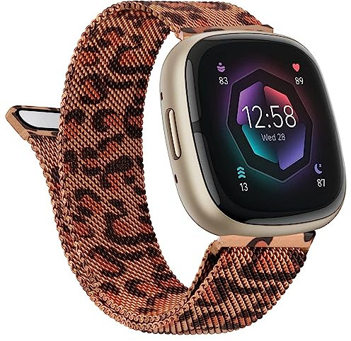 Vanjua Metallband für Fitbit Sense 2,Sense Bänder, Fitbit Versa 4,Versa 3 Bänder Damen Herren,Versa 4 Smartwatch (Klein, Leopard)