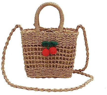 NICOLE & DORIS Sac de Plage Bandoulière Sac à Main en Paille pour Femme Sac Plage Épaule Sac Messenger Fille Sac Seau en Rotin Sac pour Les Vacances Marron+Cerise