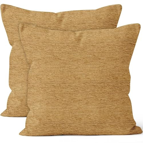 Encasa XO Feine Chenille-Kissenbezüge 2-teiliges Set - Gold - 40x40 cm Strukturiertes, einfarbiges, weiches und glattes dekoratives Kissen mit quadratischem Akzent für die Couch