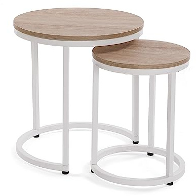 Versa Megan Mesa Nido Auxiliar para el Salón, la Habitación o la Cocina. Moderna Mesilla Baja, Set de 2, Medidas (Al x L x An) 48 x 45 x 45 cm, Madera y Metal, Color Blanco y marrón