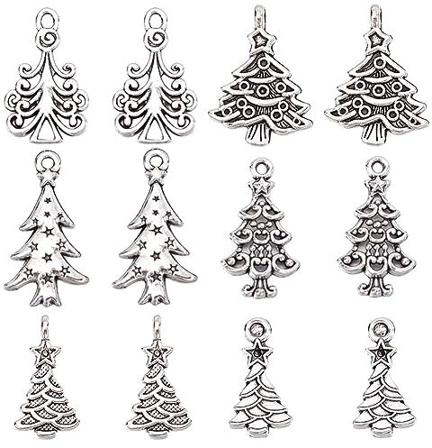 SUNNYCLUE 1 Box 120Pcs 6 Style Christmas Tree Charms Christmas Charms Bulk Tibet Style Alloy Xmas Tree Winter for jewellery Making DIY Earrings Necklace Craft Antique Silver
