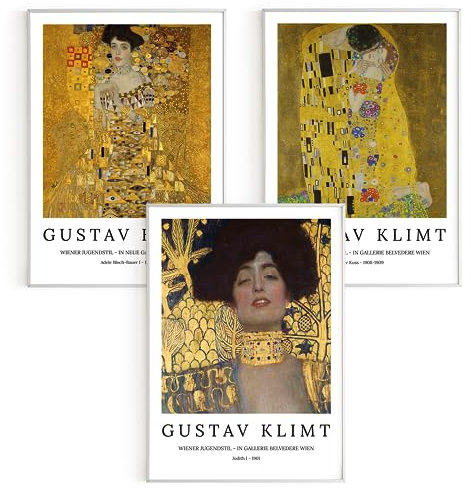 Bilder-Set: 3 x DIN A4 (21x30) Premium Posterpapier - Gustav Klimt, Adele Bloch-Bauer; Judith 1; Der Kuss, Kunstdruck ohne Rahmen, Wandbild, Bilderwand - A4, A3, A2, A1, A0, XXL - Wohnzimmer, Schla..