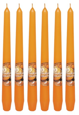 Dekohelden24 Duft-Stabkerze, Leuchterkerze mit weihnachtlichem Zimtorange Duft, 6 Stück, Duftrichtung Christmas-Orange in orange, Größe: H/Ø ca. 25 x 2 cm, 60 gr