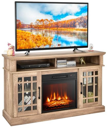 COSTWAY Electric Fireplace Insert TV Stand, Entertainment Center Console Table with 3-level Flame Overheat Protection Fireplace Heater & Remote Control (Natural, 18” Fireplace,121x40x74cm for 55” TV)