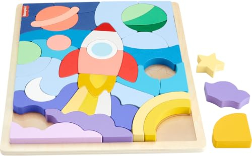 Fisher-Price Spielzeug für Kindergartenkinder Weltraum-Puzzle aus Holz mit Stapelblöcken, 42 Holzteile für ein spielerisches Sortieren ab 3 Jahren, HXY42
