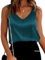 Vossmi Camiseta Sin Mangas Mujer Top Color Sólido Cuello en V Tank Tops Camisole Blusa Shirt Casual Elegante Chaleco de Satén para Mujer(Verde,M)