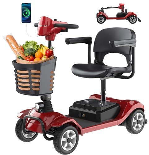 Hoverfly T4 Mobility Scooter for Seniors, Max 12.4-Mile Range & 3.7 mph, 3-Position Seat & Anti-slip Rear Wheel, Removed Battery&Quick Fold Design, Solid 9 Tire &330 lb Capacity, Ease of Assembly Red