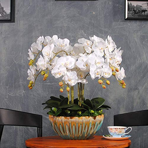 Künstliche Blumen Set, Groß Künstliche Phalaenopsis Blumen Pflanzenarrangement, Kunstseide Orchideen Dekoration mit Keramik Topf (Gelb) (Weiß)
